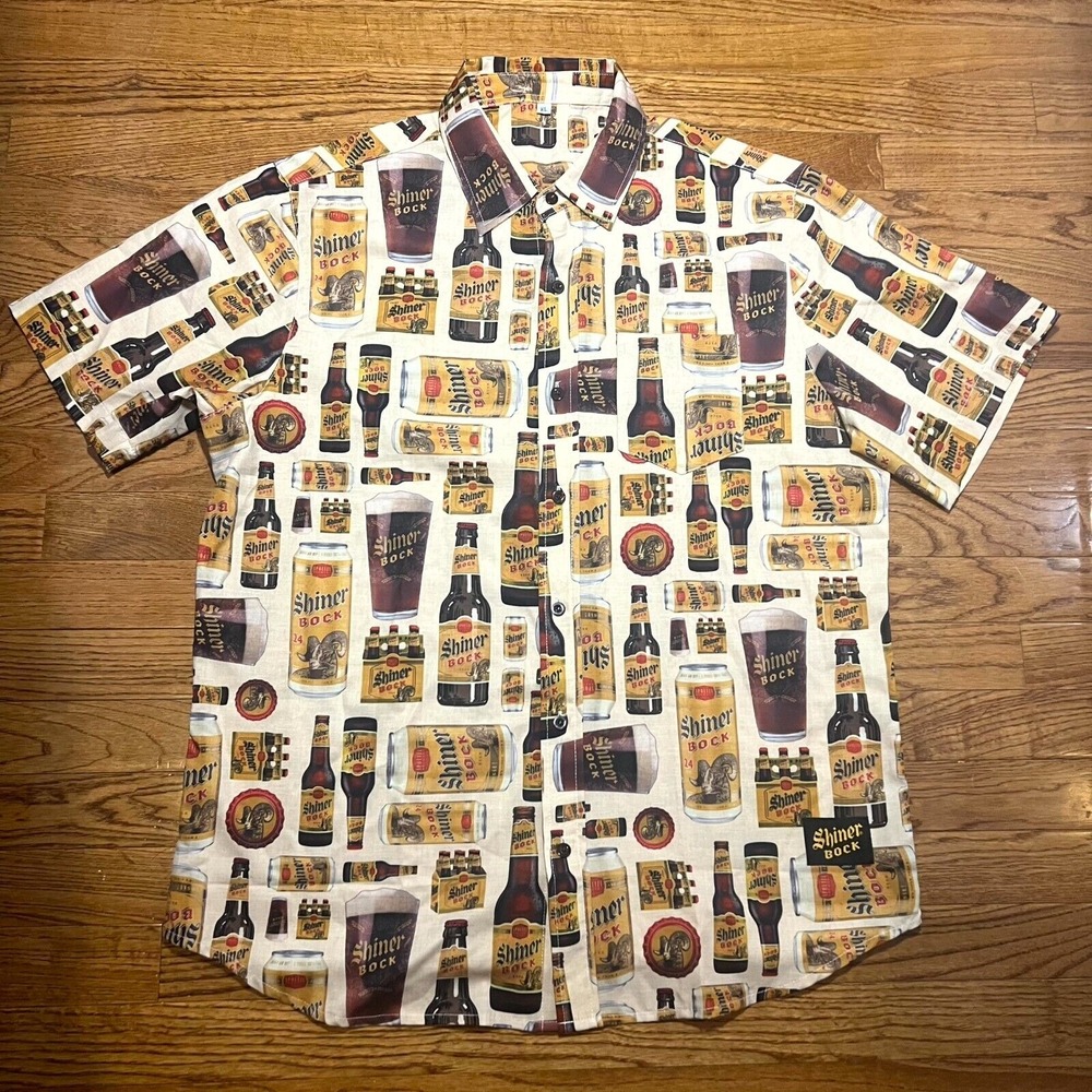 Shiner Bock Beer Shirt Mens XL All over print Short Sleeve Button Up Outdoor